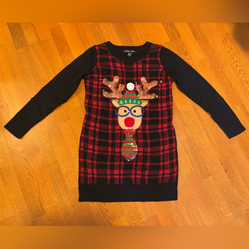 Women’s reindeer with glasses holiday Ugly Christmas long Sweater size small